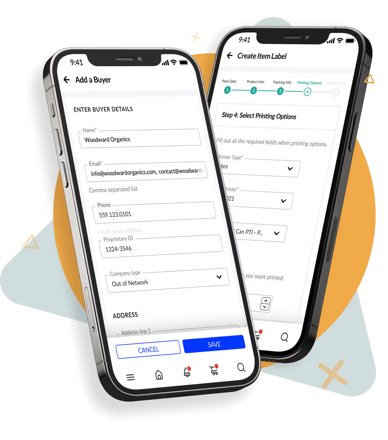 Two phone mockups of the iTracefresh mobile app: an Add a Buyer form and the multi-step Create Item Label printing flow.