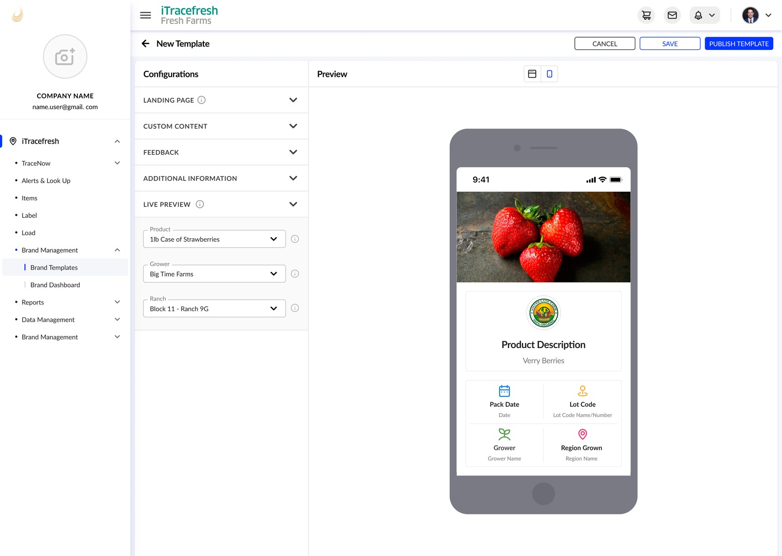 Brand Template Creation configuration screen with a brand, product, and ranch selected, showing the live preview populated with real content.