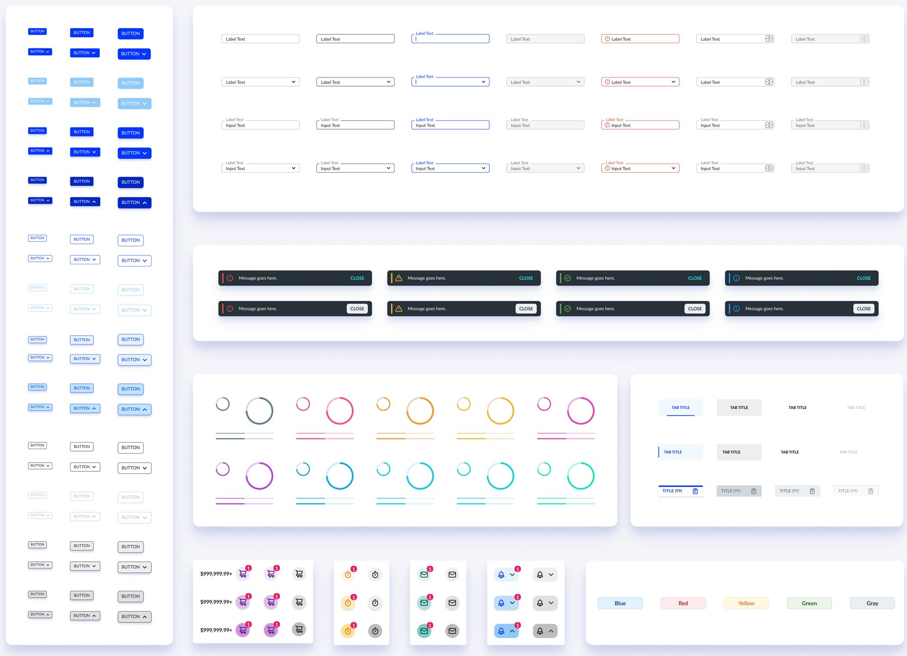 A grid of design system components including buttons, form inputs, toast notifications, tabs, and status badges.