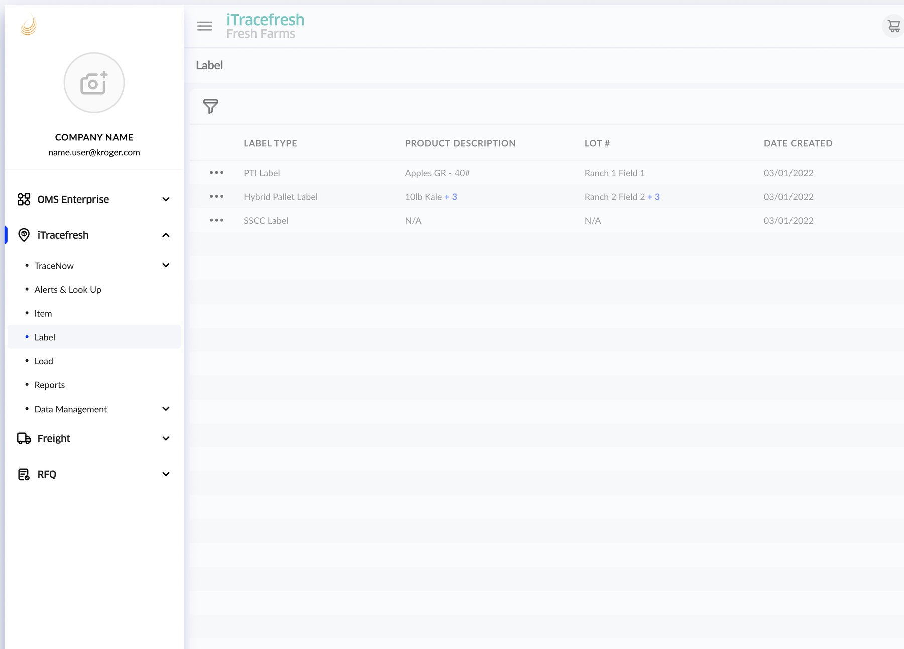 iTracefresh's Label module shown nested inside iTradeNetwork's unified OMS Enterprise sidebar navigation.