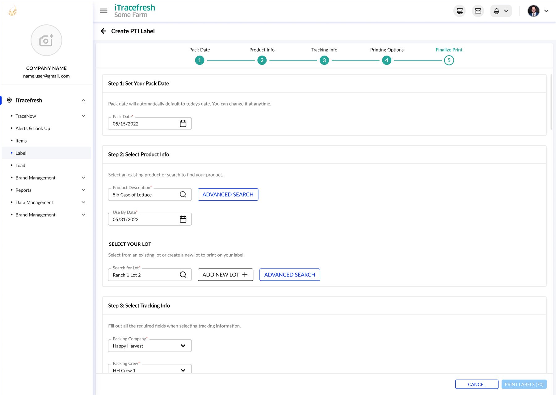Create PTI Label wizard showing the pack date, product info, tracking info, printing options, and finalize print steps.