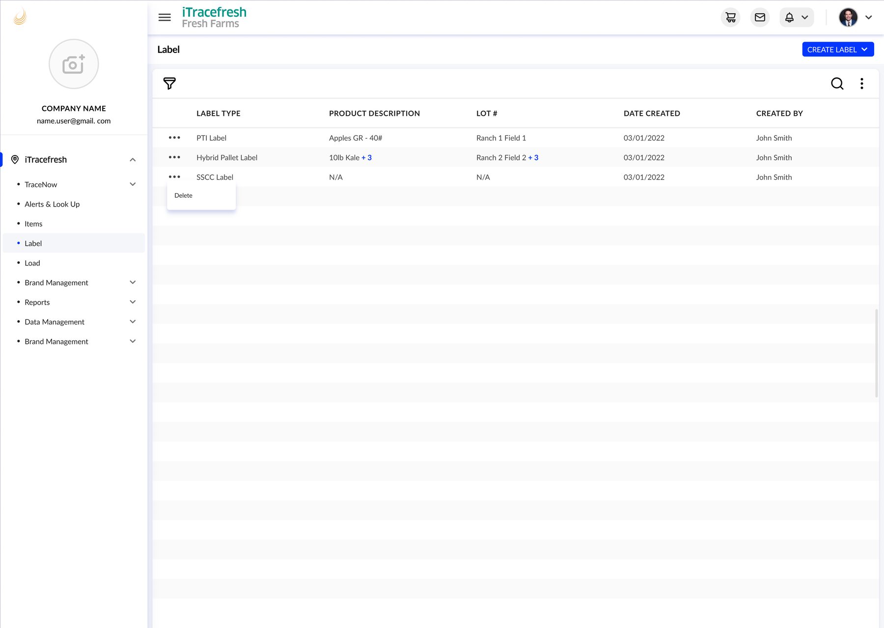 Label list view showing PTI, hybrid pallet, and SSCC labels with their product description, lot number, and date created.