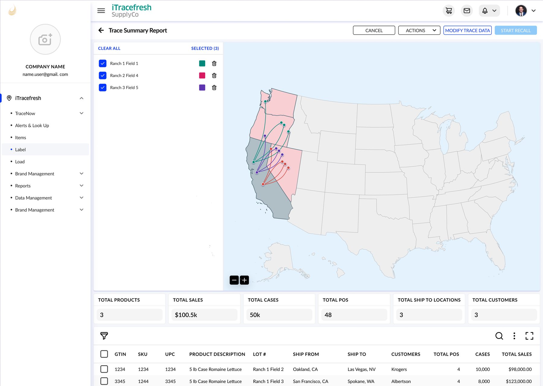Trace Summary Report showing ship-from and ship-to locations on a map alongside totals for products, sales, and customers.