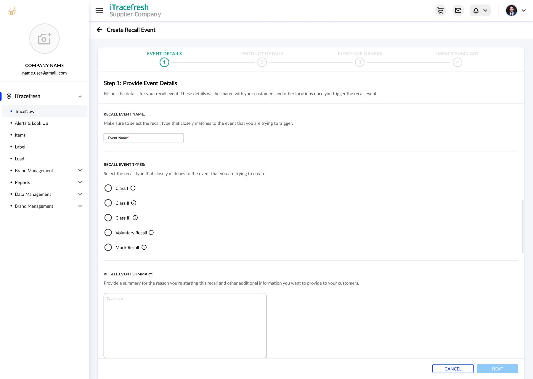 Create Recall Event wizard, Step 1: entering the event name, recall type, and summary.
