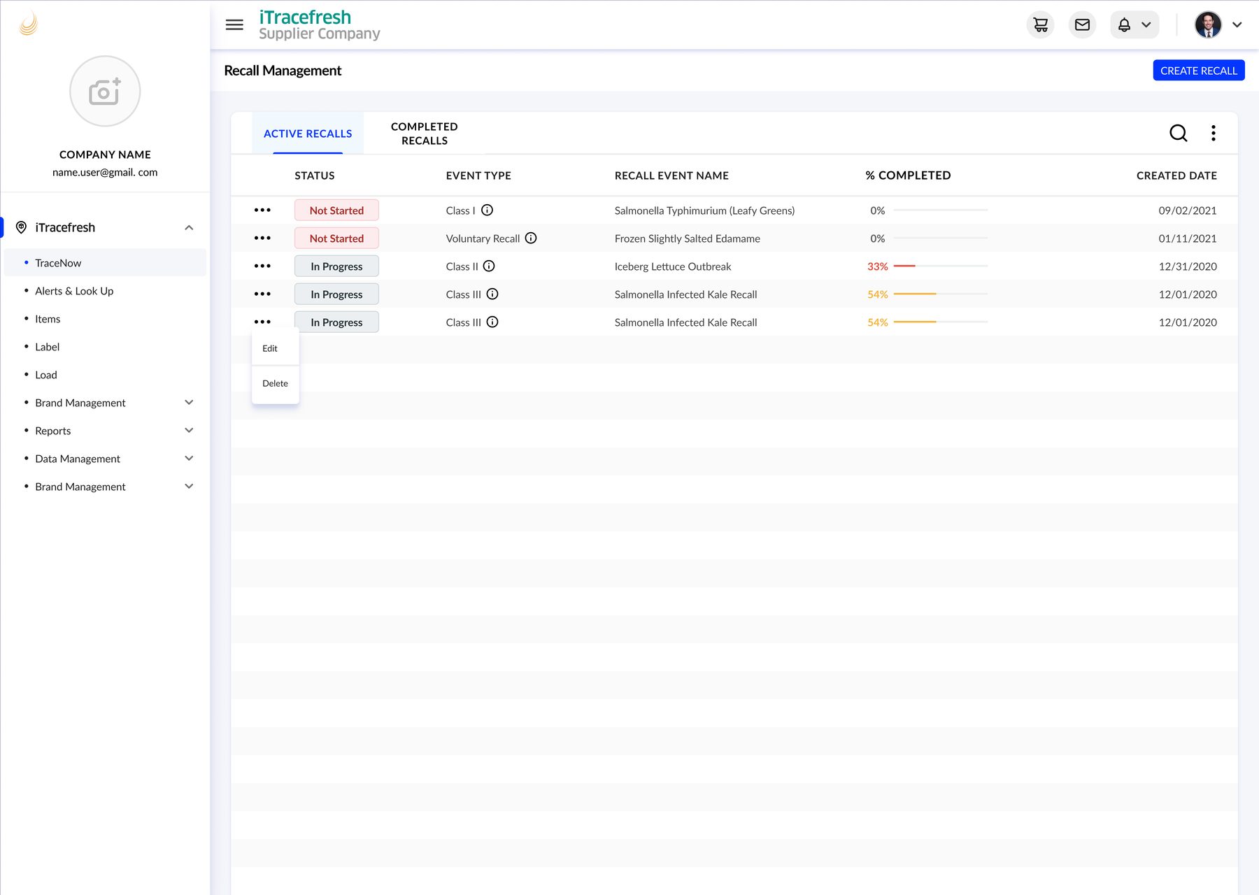 Recall Management list view showing active recalls with their status, event type, and percent completed.