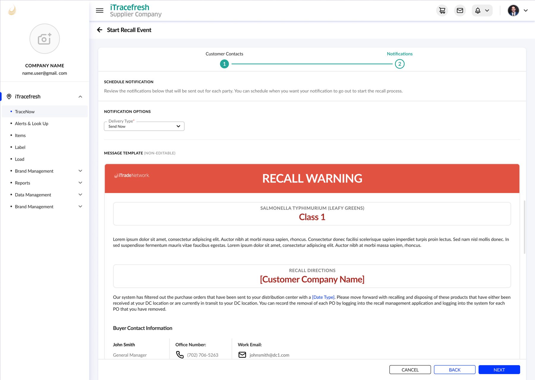 Start Recall Event notification step showing the scheduled recall warning message template.