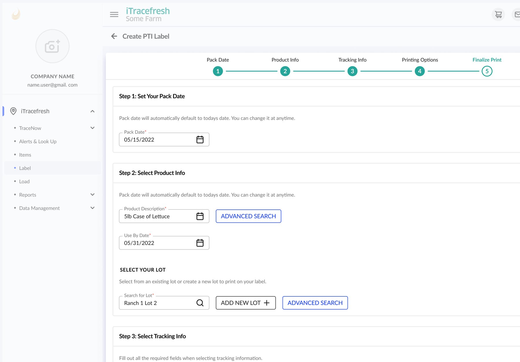 The redesigned Create PTI Label flow showing a five-step progress tracker above a Pack Date and Product Info form.