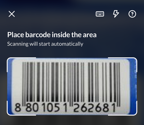 Mobile camera interface scanning a product barcode.
