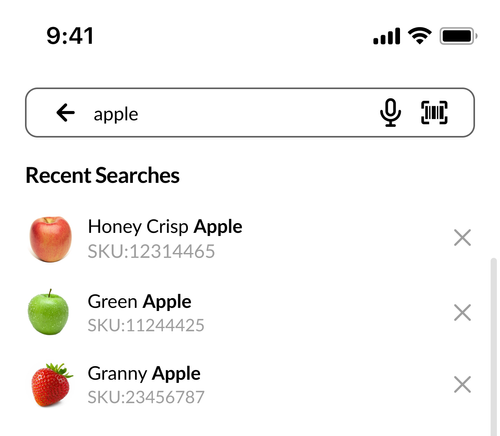 Mobile elastic-search results for apple products with text, voice, and barcode inputs.