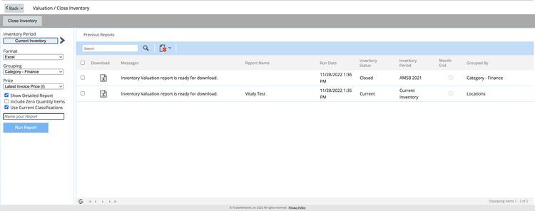 Legacy OrderMaestro inventory valuation screen with dense controls, a narrow filter panel, and a large desktop data table.