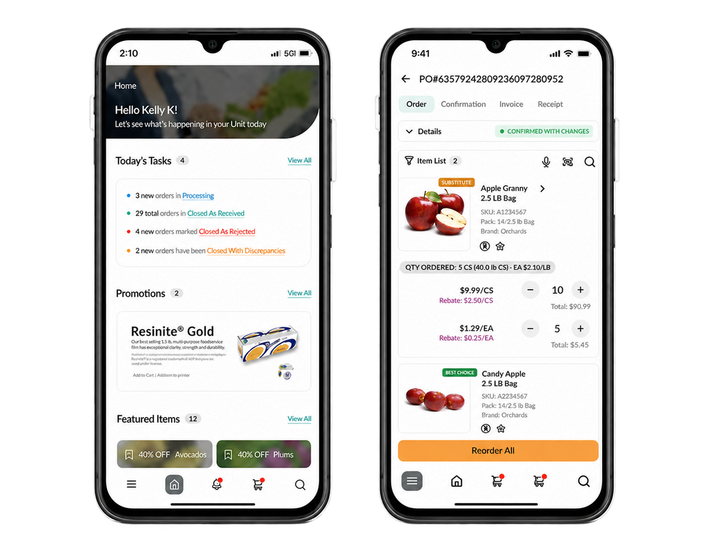 Two OrderMaestro mobile screens showing a task-focused home dashboard and an order detail with product quantities.