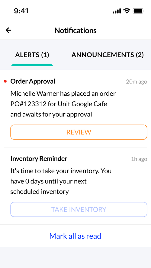 Mobile notifications showing an order approval and an inventory reminder with direct actions.