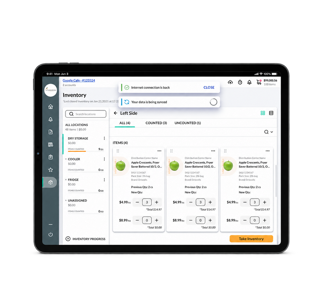 OrderMaestro tablet inventory interface showing locally saved counts synchronizing after the internet connection returns.