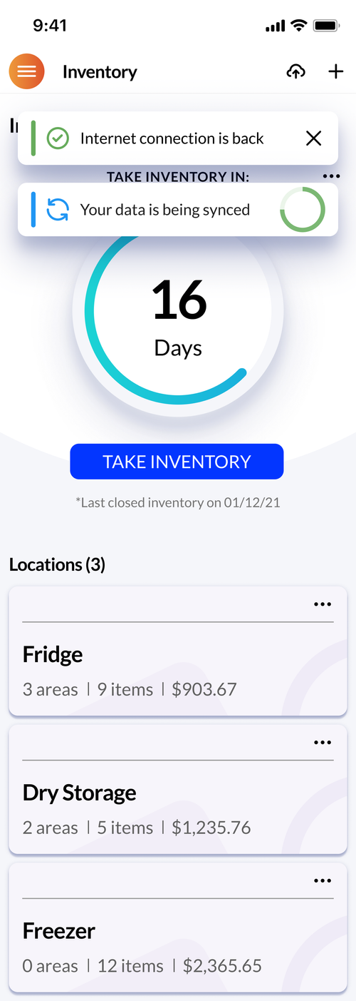 Mobile inventory interface showing saved data synchronizing when the internet connection returns.