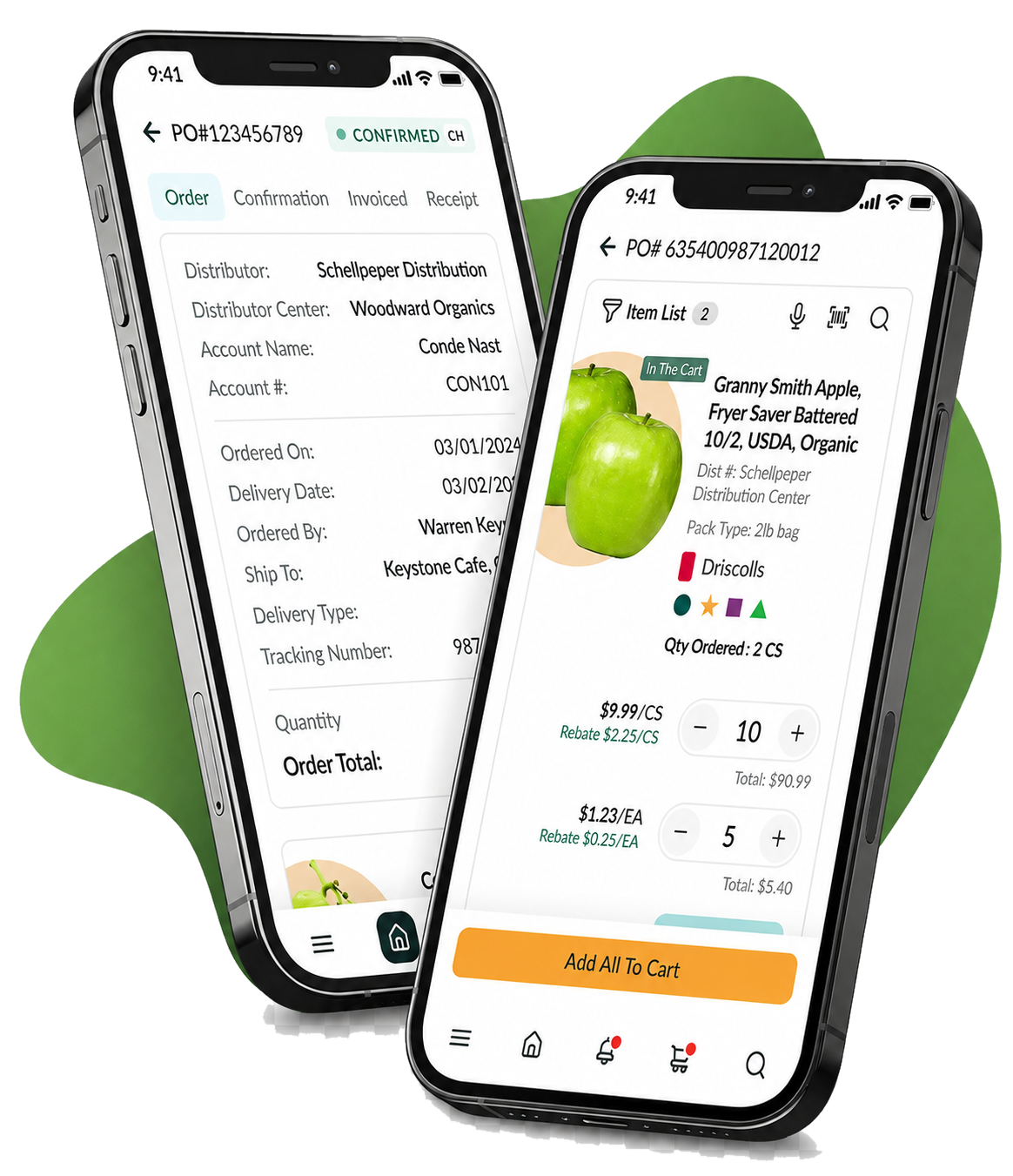 Two OrderMaestro mobile screens showing an order detail and a product list with quantity controls.