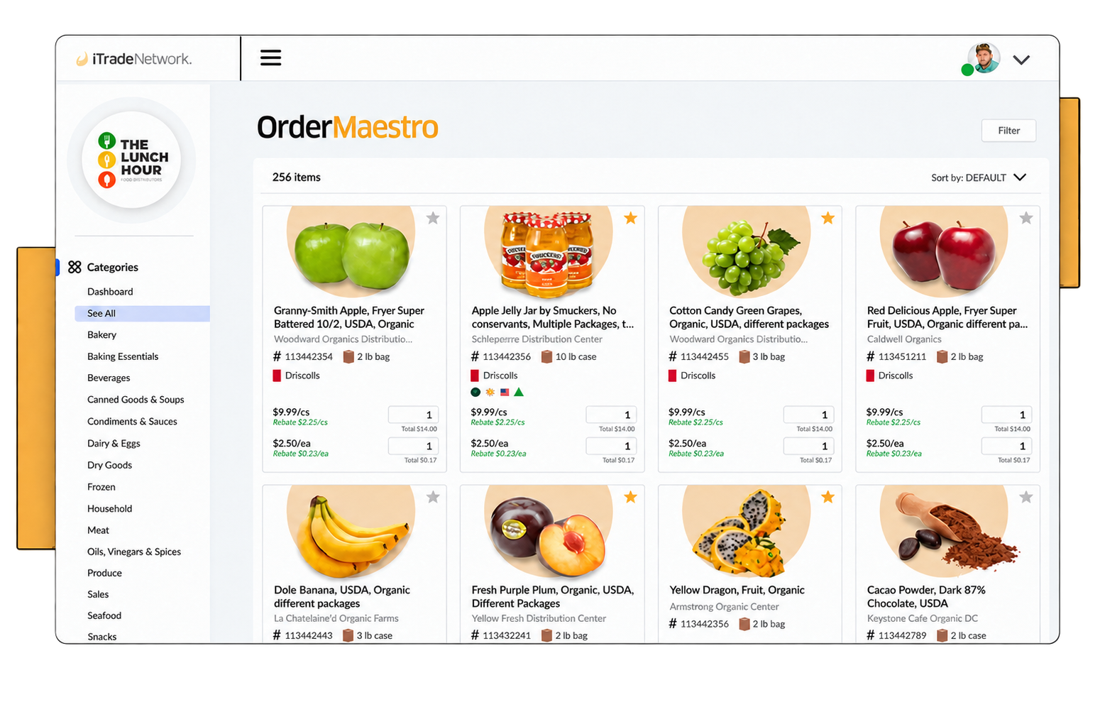 Redesigned OrderMaestro desktop product catalog with category navigation and scannable product cards.