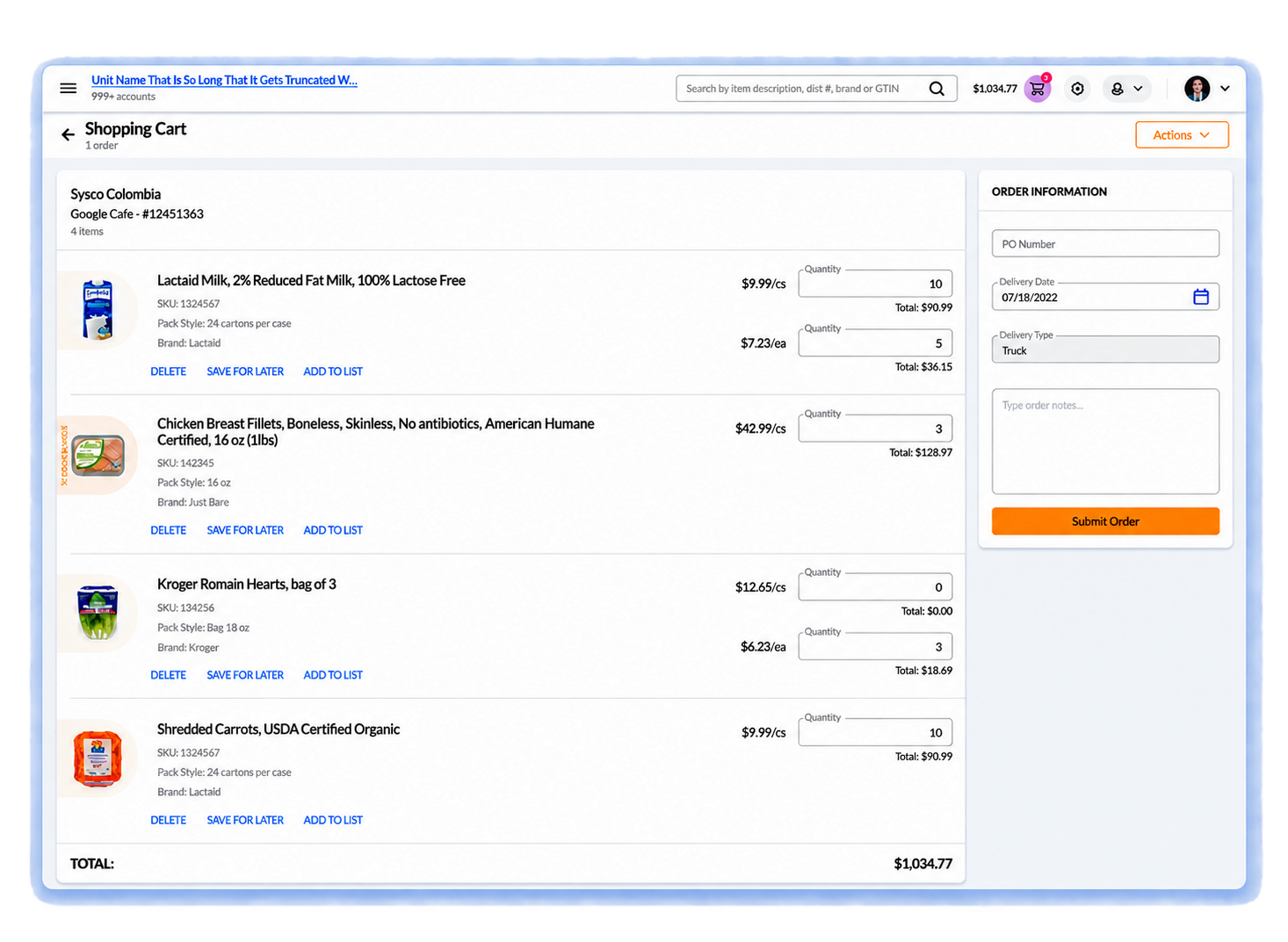 Redesigned OrderMaestro desktop shopping cart with quantities, order information, and submission controls.