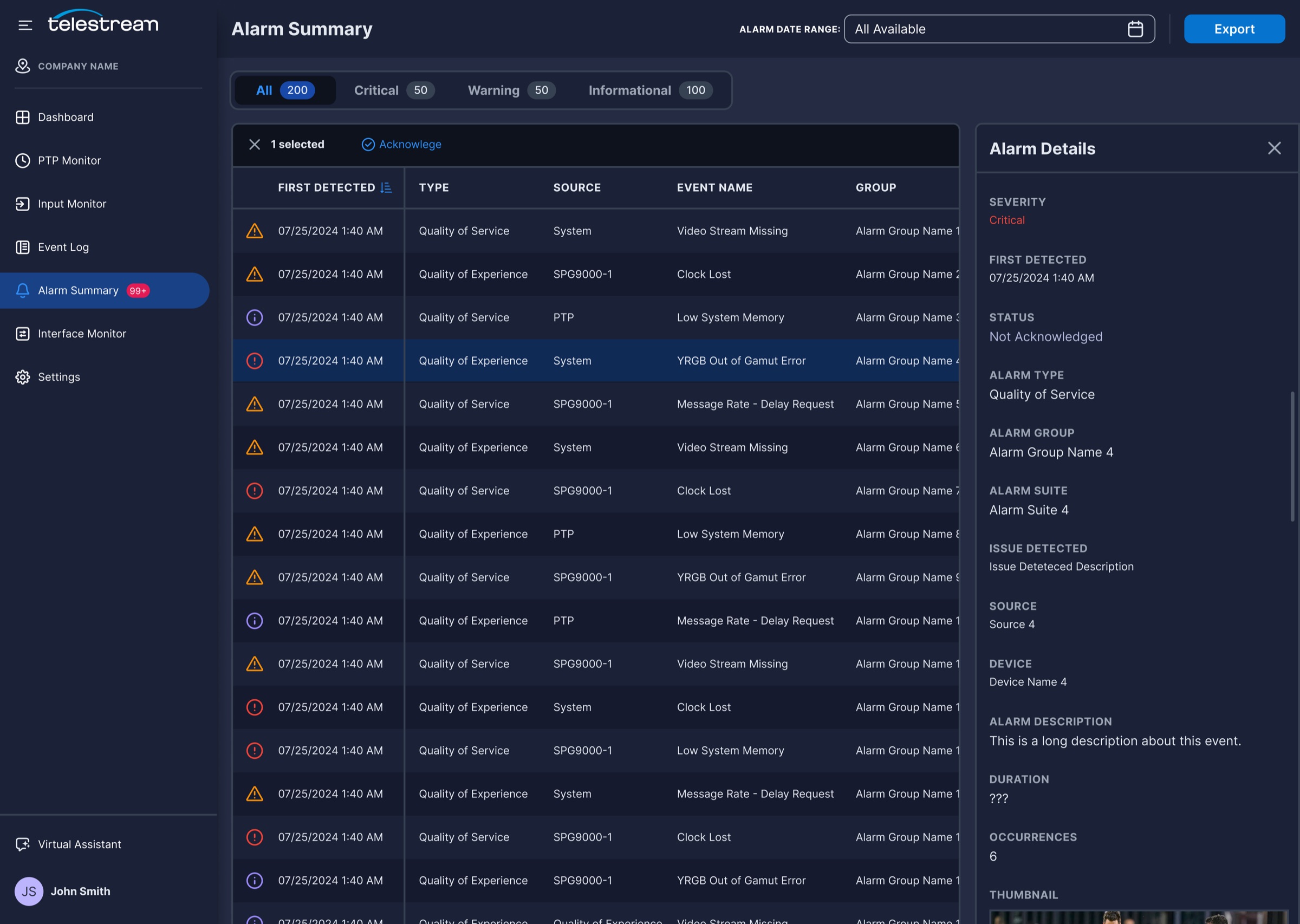 Alarm Summary with one alarm selected and the Alarm Details panel open, showing severity, status, source, device, and occurrences.