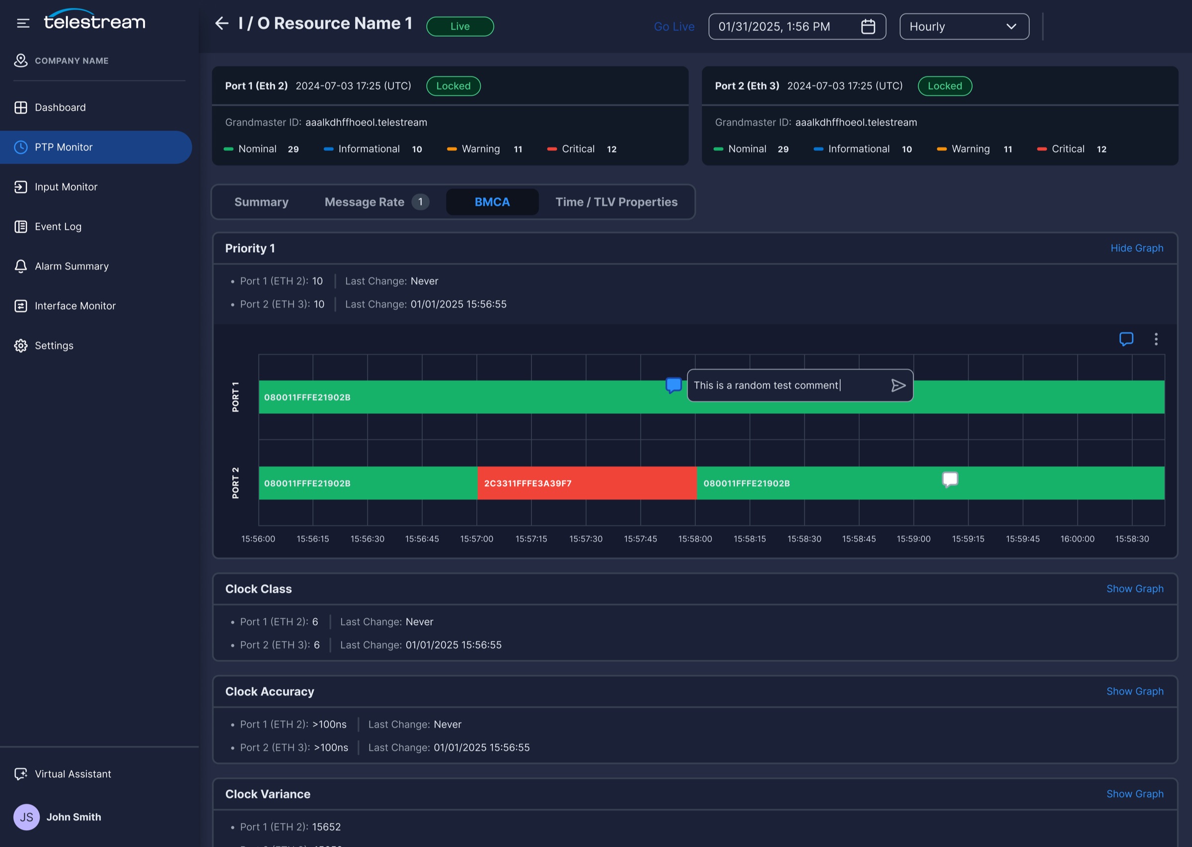 A PTP graph with a comment being added to a specific point on the timeline.