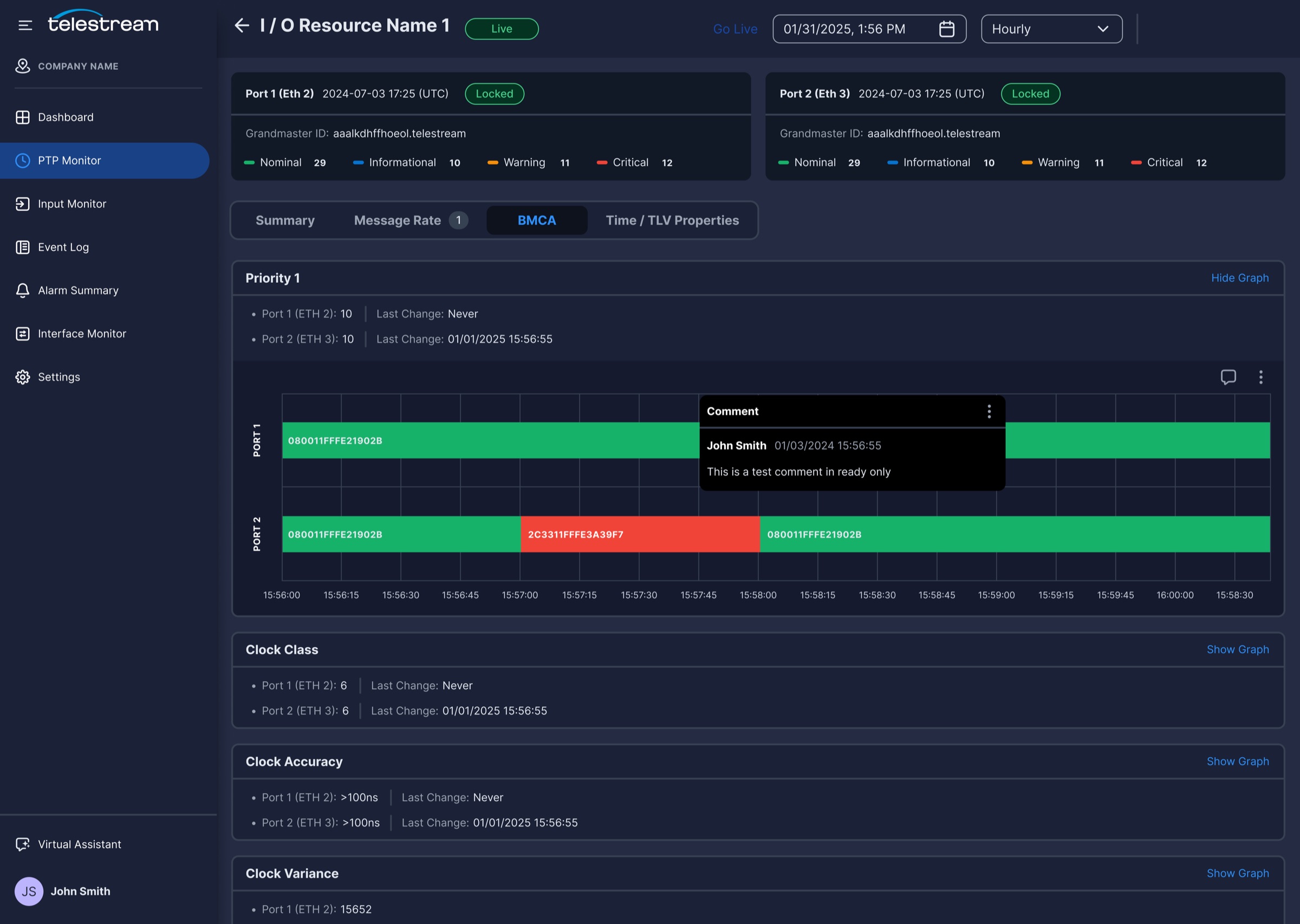 A PTP graph showing comment markers placed on the timeline.