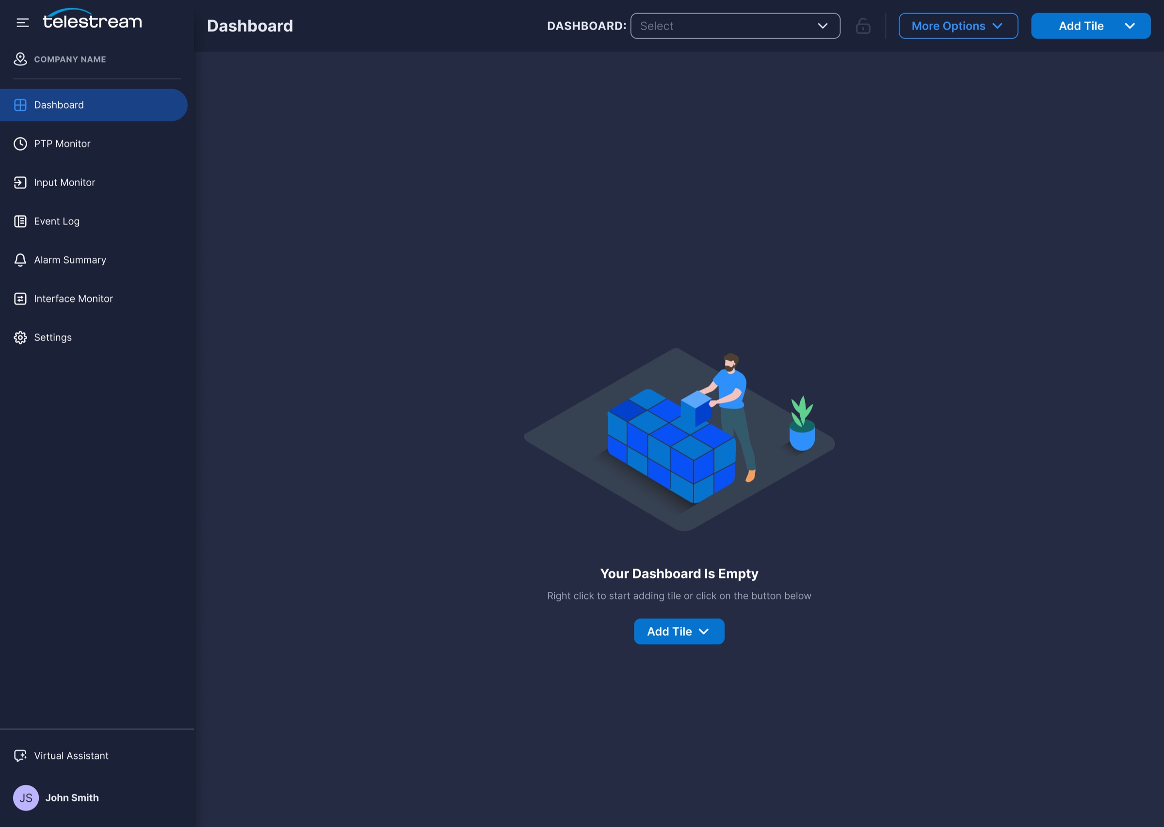 Empty dashboard state with an illustration and an Add Tile button.