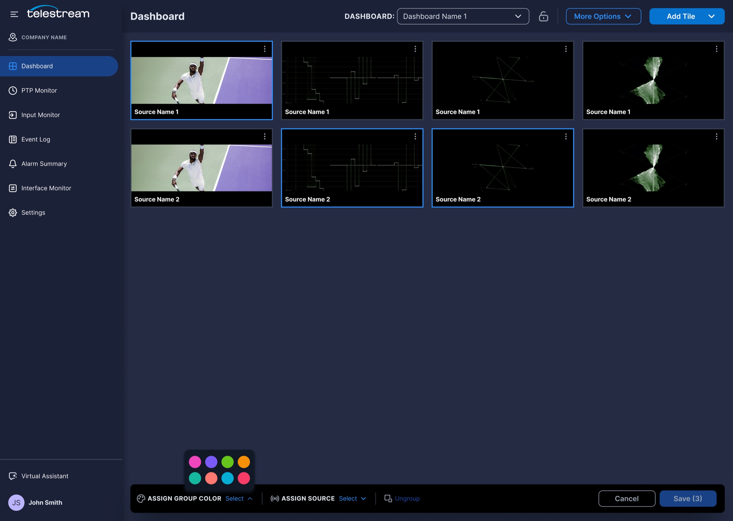 Several dashboard tiles selected, with a bottom bar to assign a group color and a shared source.