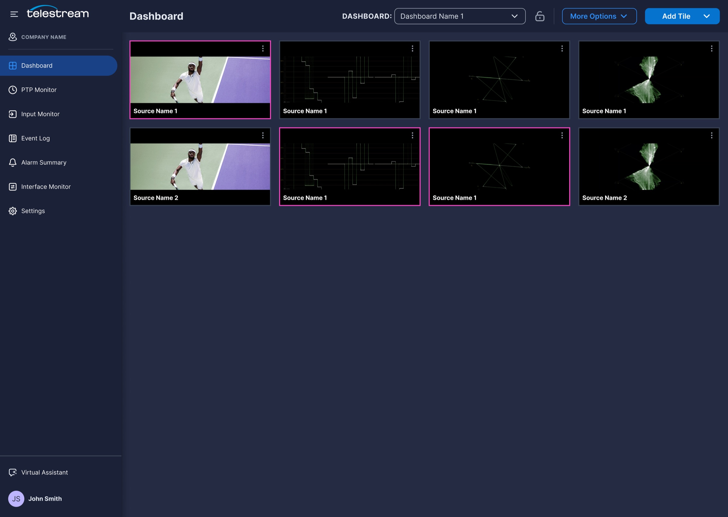 A full dashboard grid with pink and purple tile groups outlining related sources.