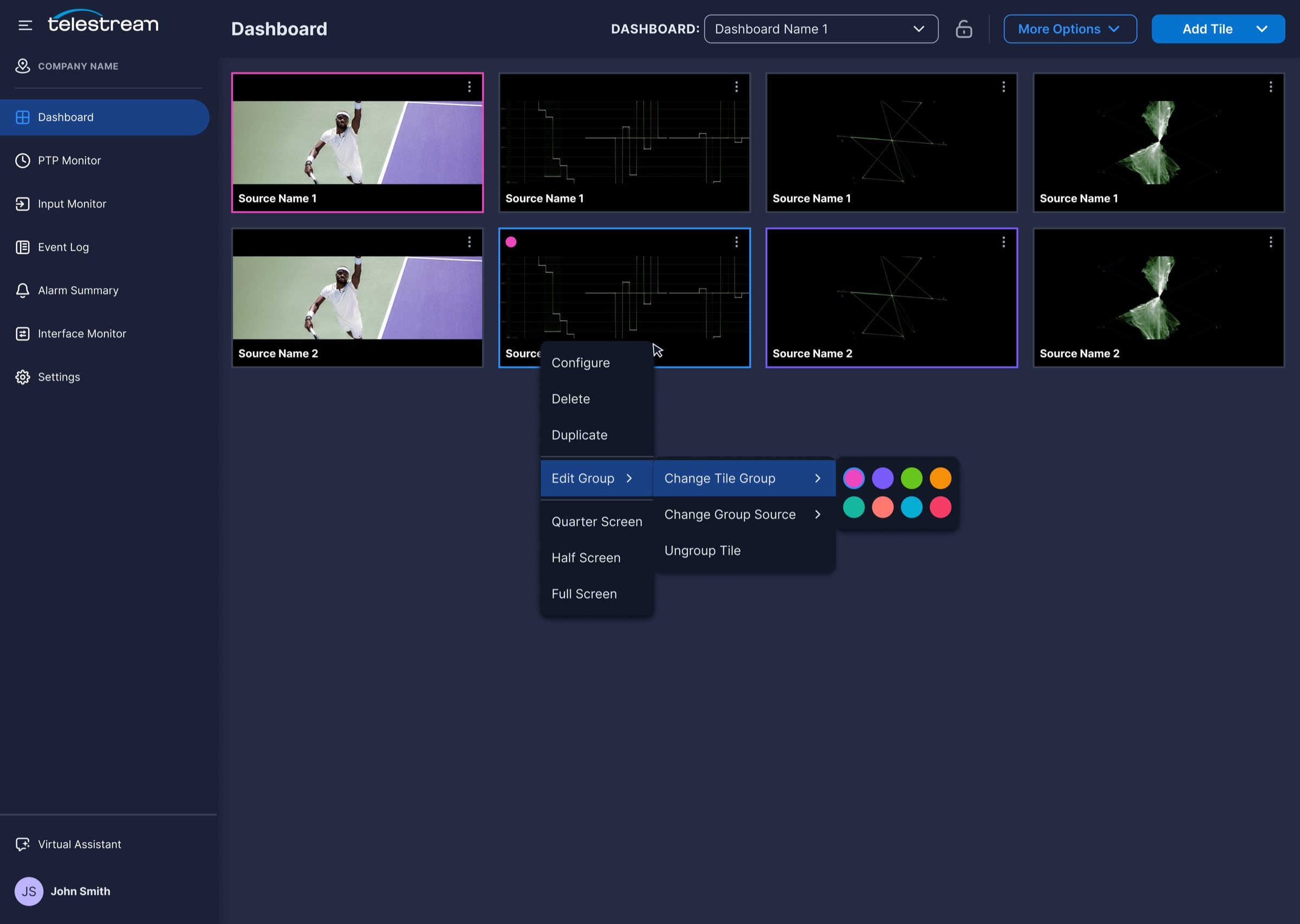 Tile context menu with options to configure, duplicate, edit the group, and resize the tile.