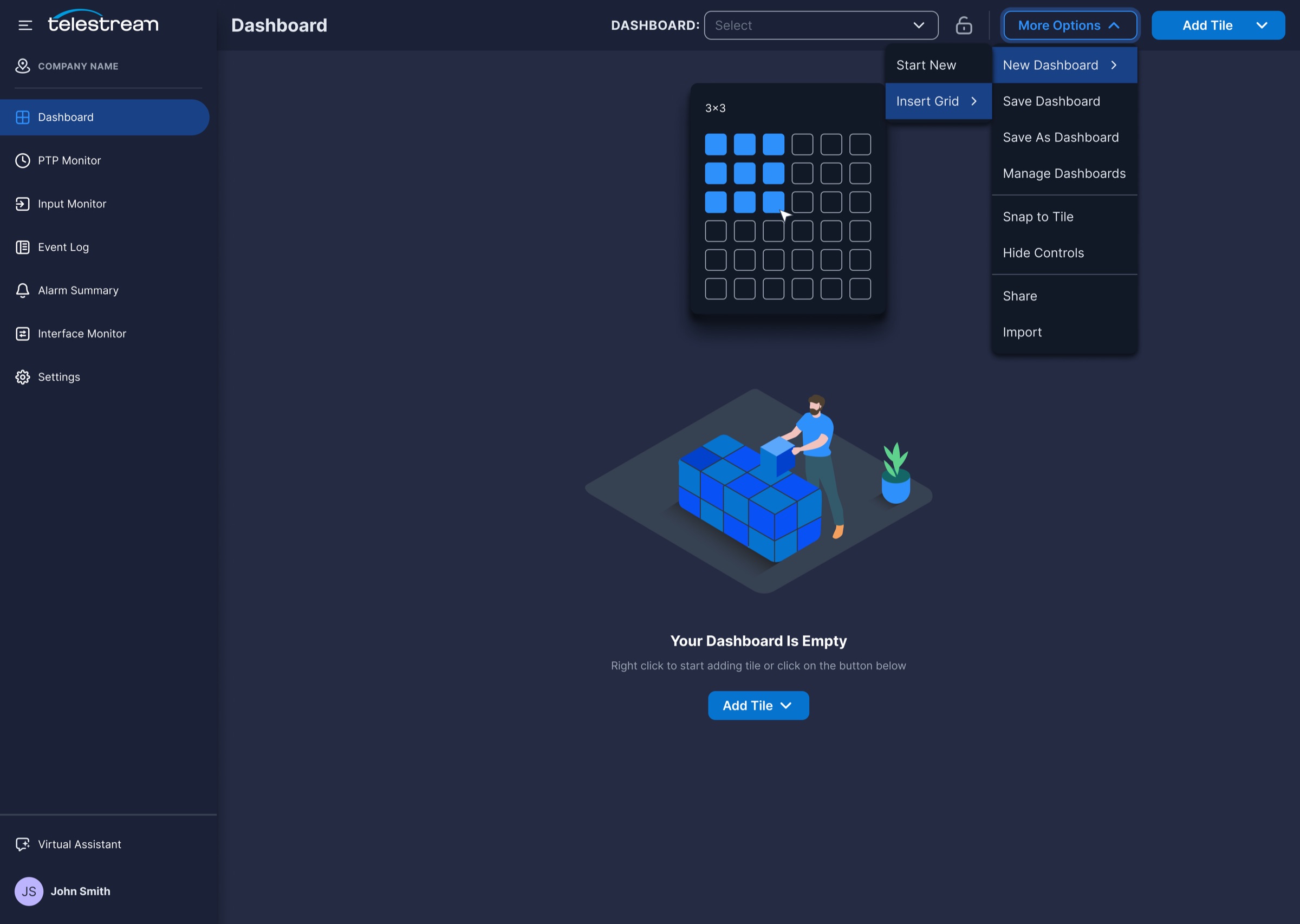 More Options menu open on an empty dashboard, inserting a three-by-three grid.