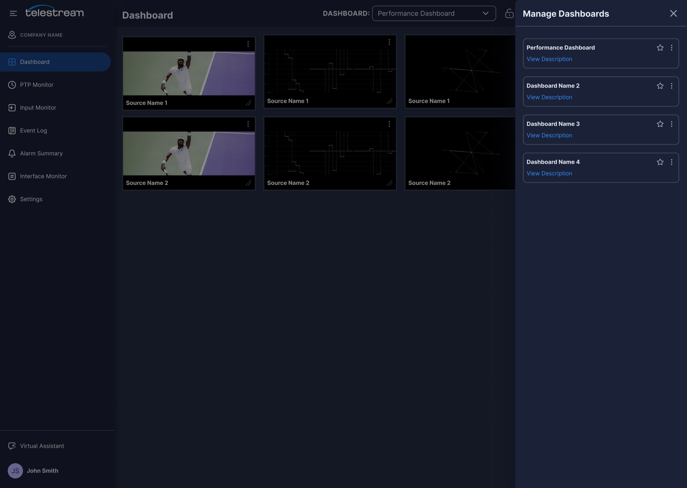 Manage Dashboards panel listing saved dashboards with favorites and descriptions.
