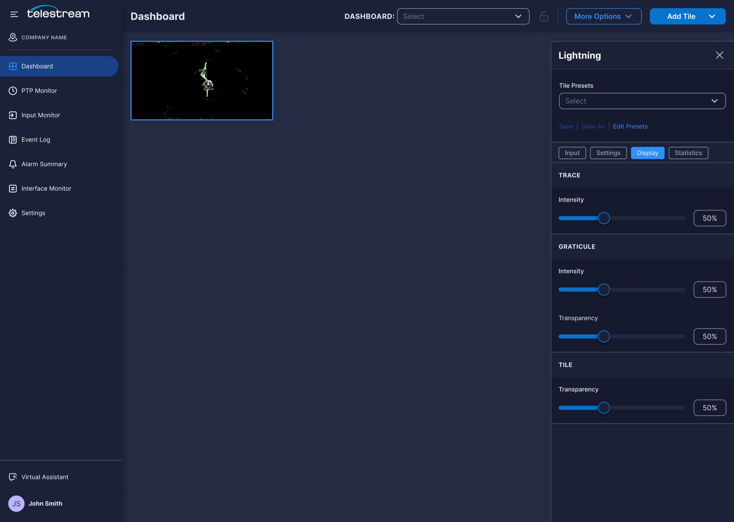 Lightning scope tile with display settings for trace, graticule, and tile transparency.