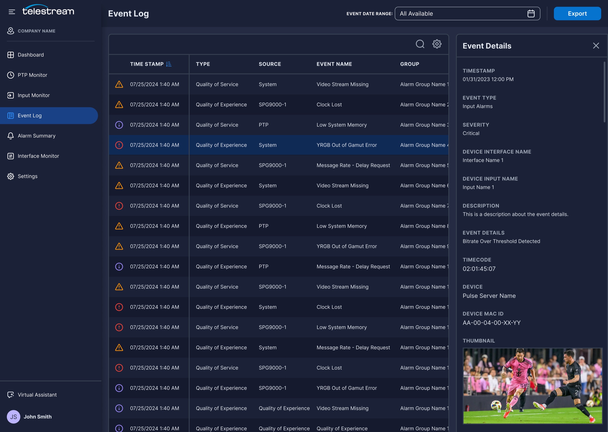 Event Log table with severity icons, event types, and sources, and an Event Details panel with a thumbnail.