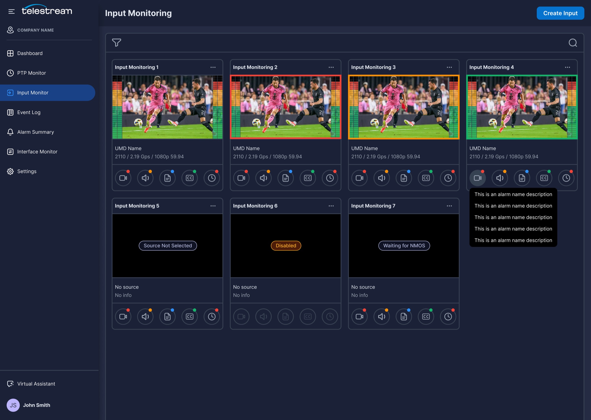 Input Monitoring landing page with seven input cards showing previews, color-coded status borders, and alarm icons.