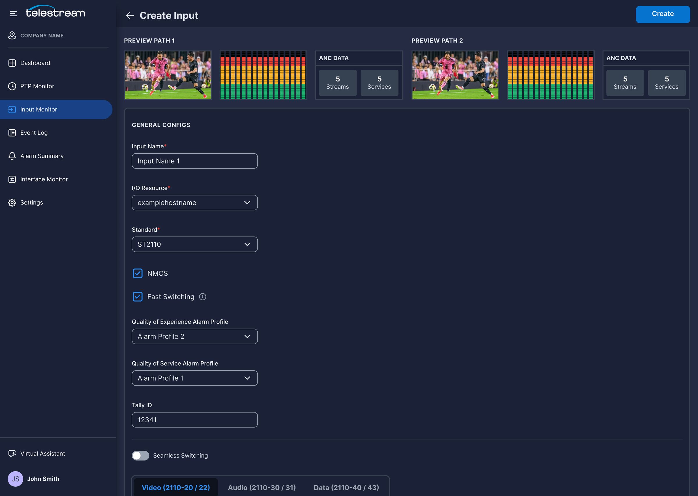 Create Input form with preview paths, general configuration fields, alarm profiles, and stream tabs.