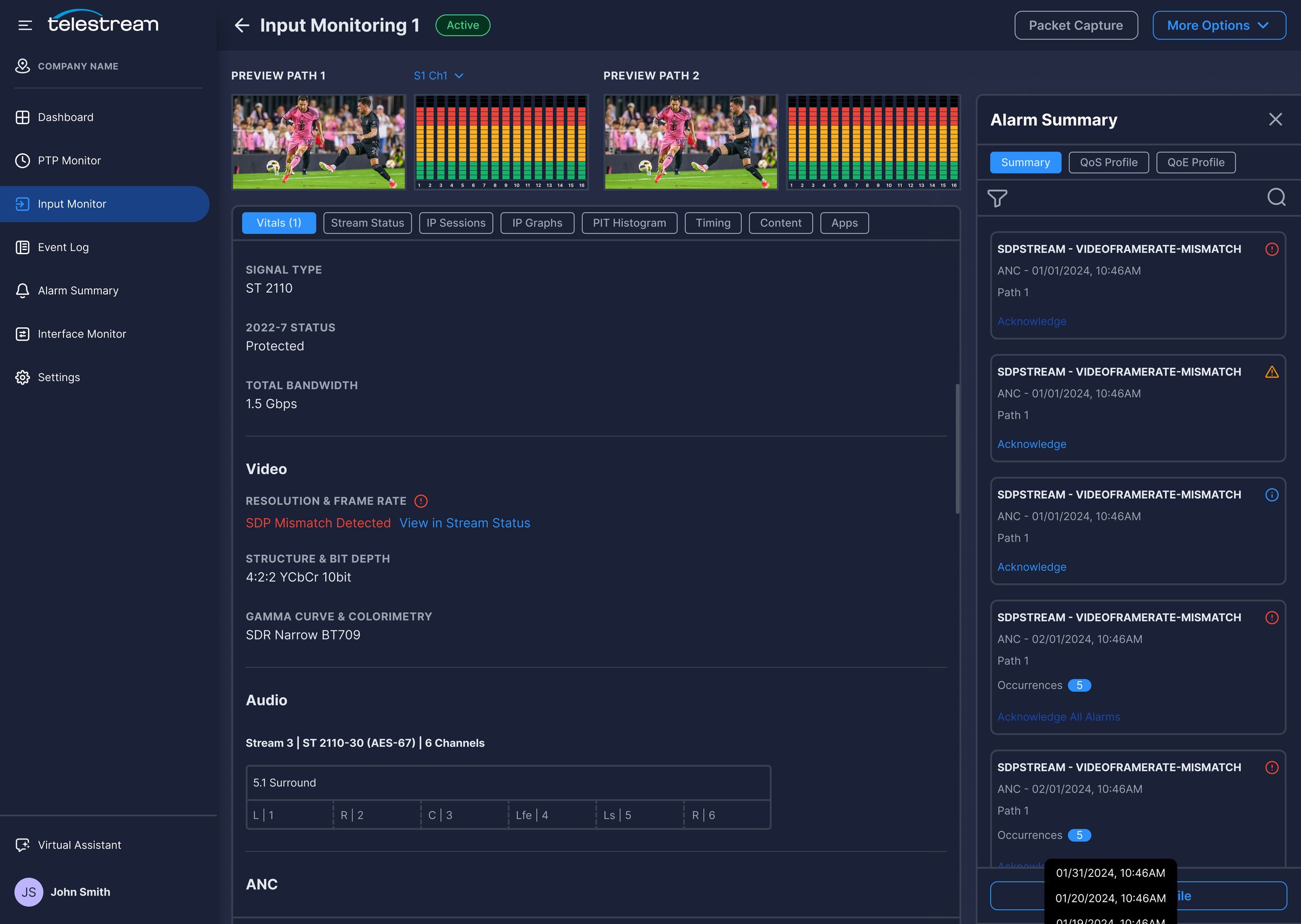 Input vitals tab showing signal type, redundancy status, bandwidth, and an SDP mismatch warning, with an alarm summary panel.