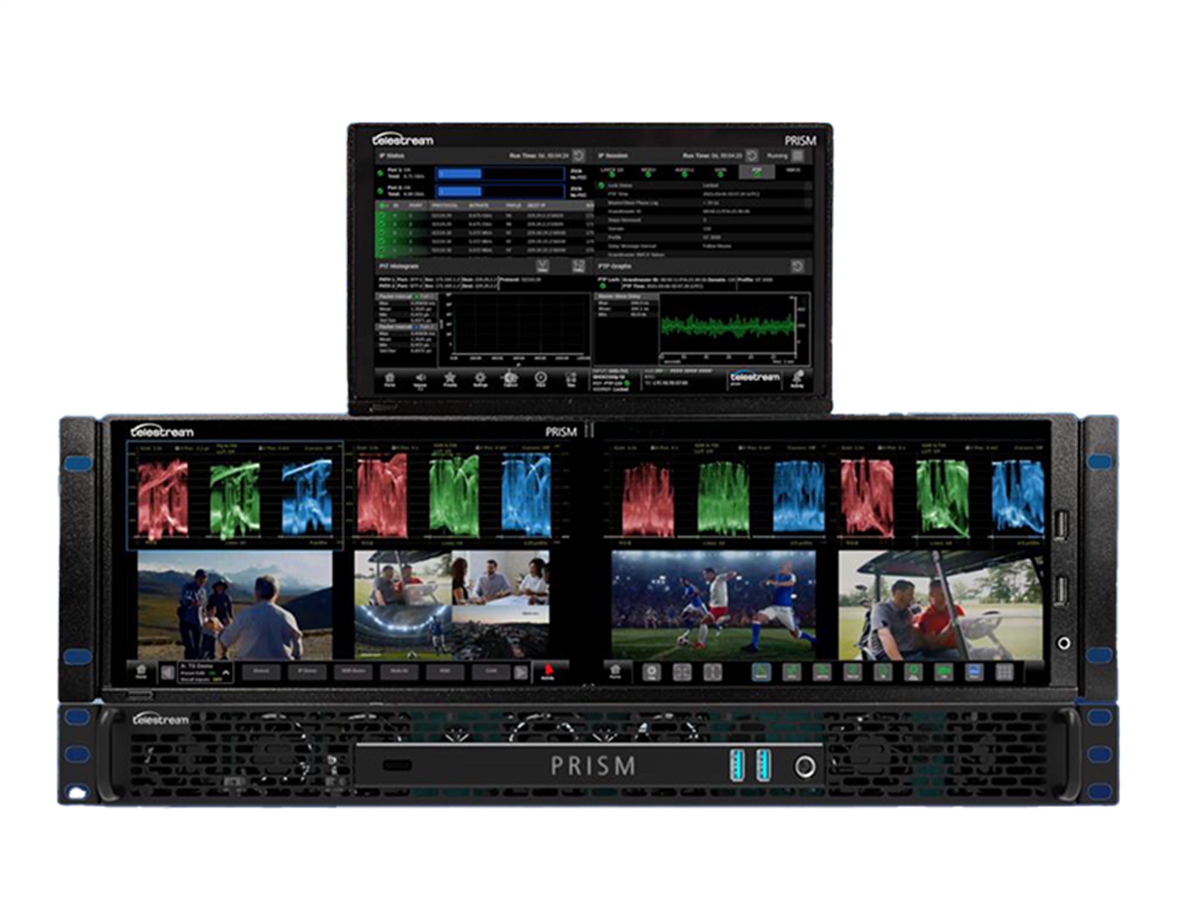 PRISM rack-mounted hardware with its built-in displays showing waveforms, video, and IP status.