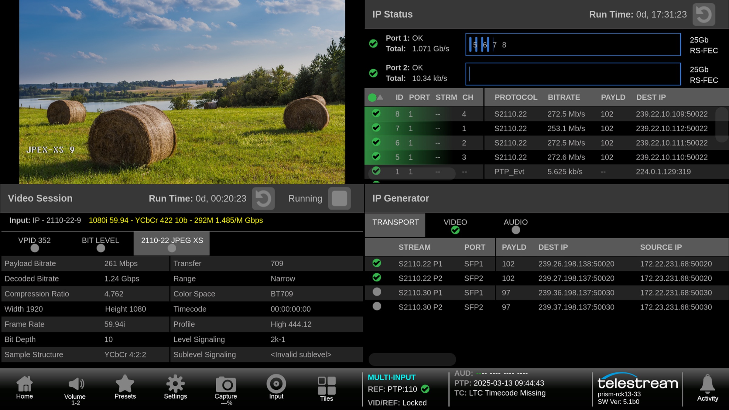 PRISM touchscreen IP status and video session view, with port totals, stream tables, and a bottom toolbar.