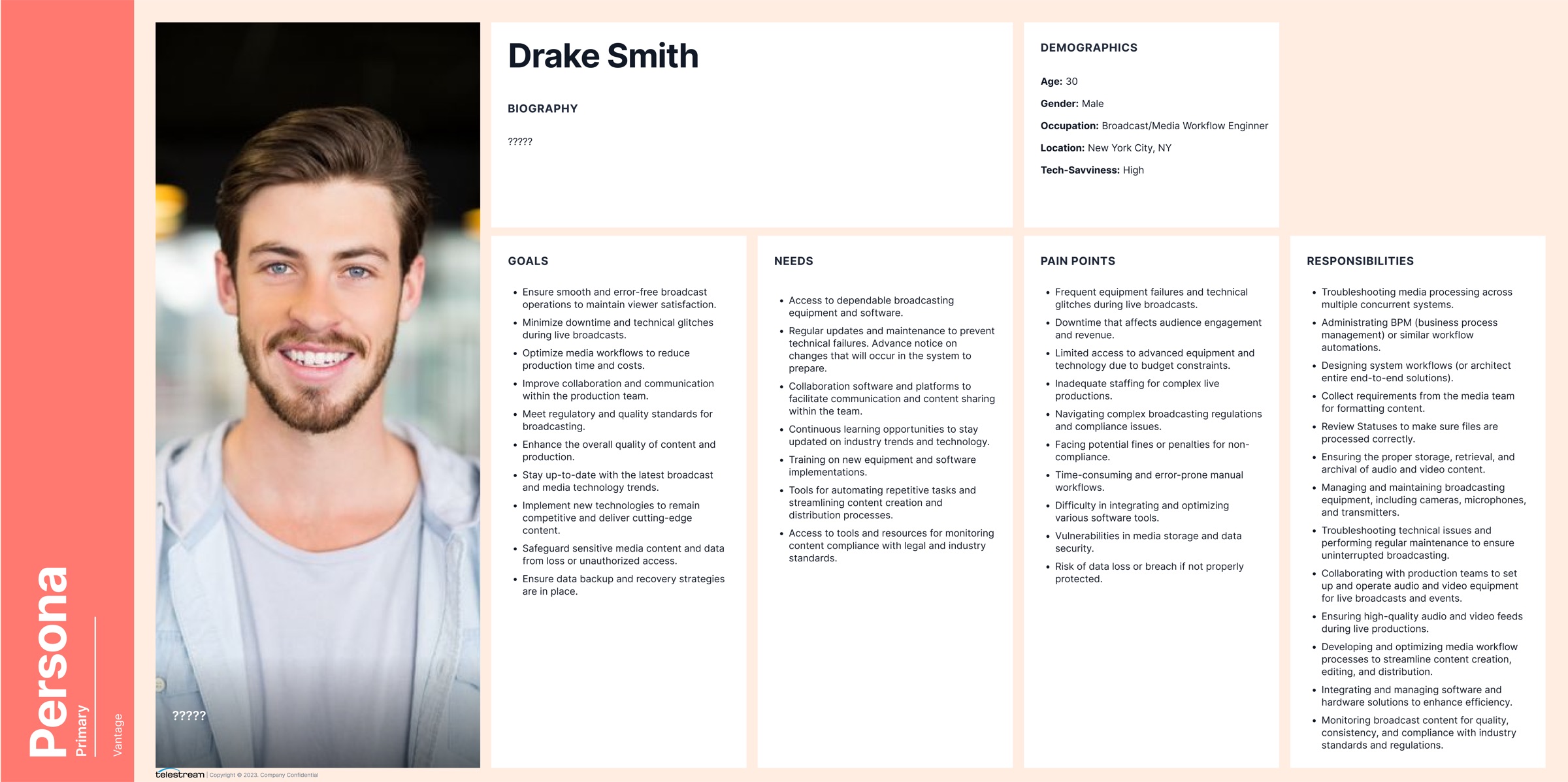 Primary persona card for Drake Smith, a Broadcast and Media Workflow Engineer, showing demographics, goals, needs, pain points, and responsibilities.