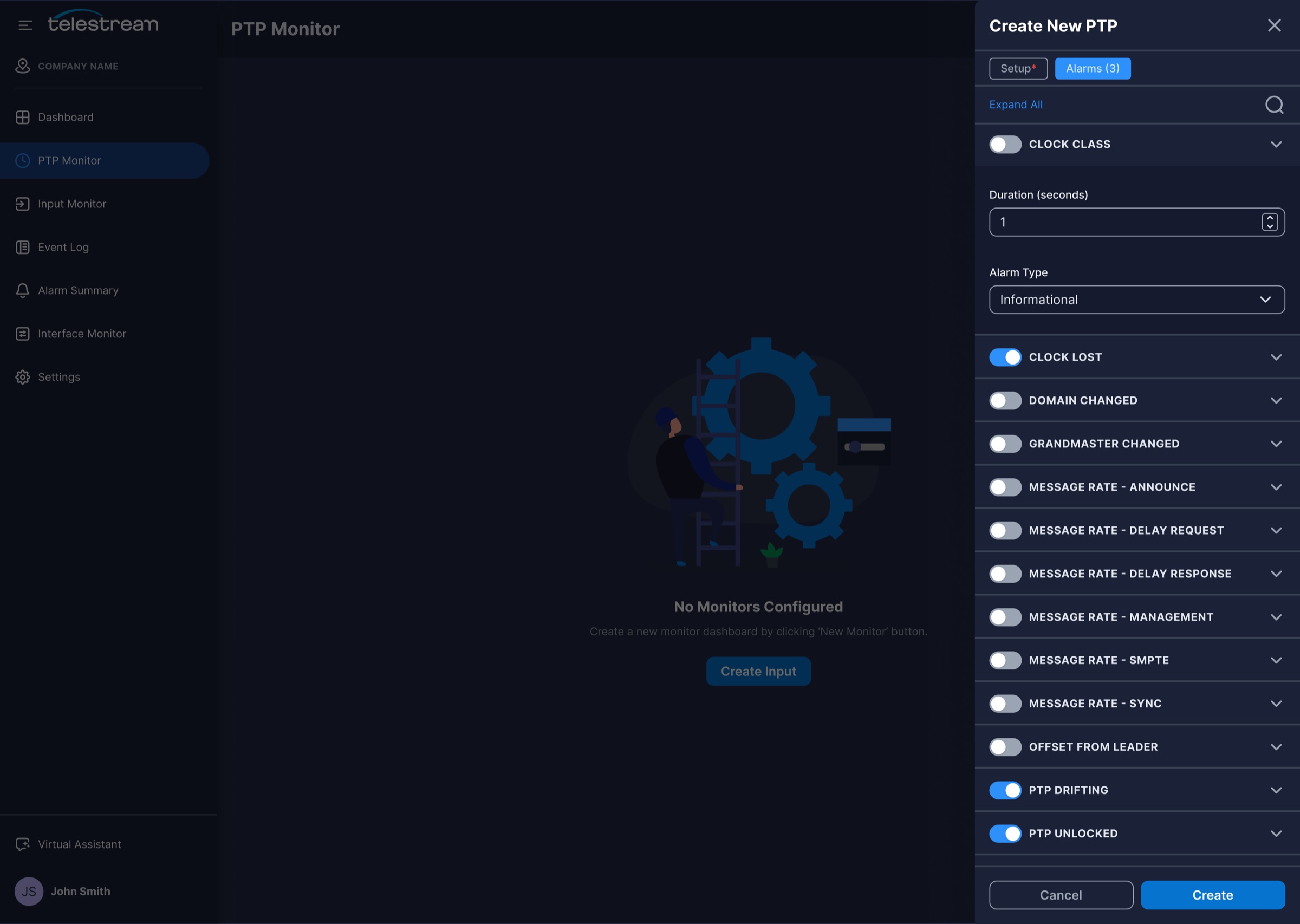 Create New PTP panel with a list of PTP alarms that can be toggled on and configured.