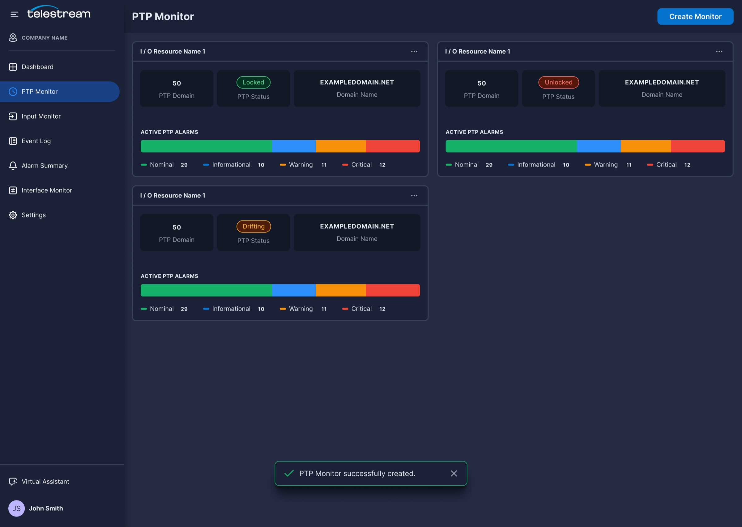 PTP Monitor landing page with three resource cards showing PTP domain, lock status, and active alarm distribution.