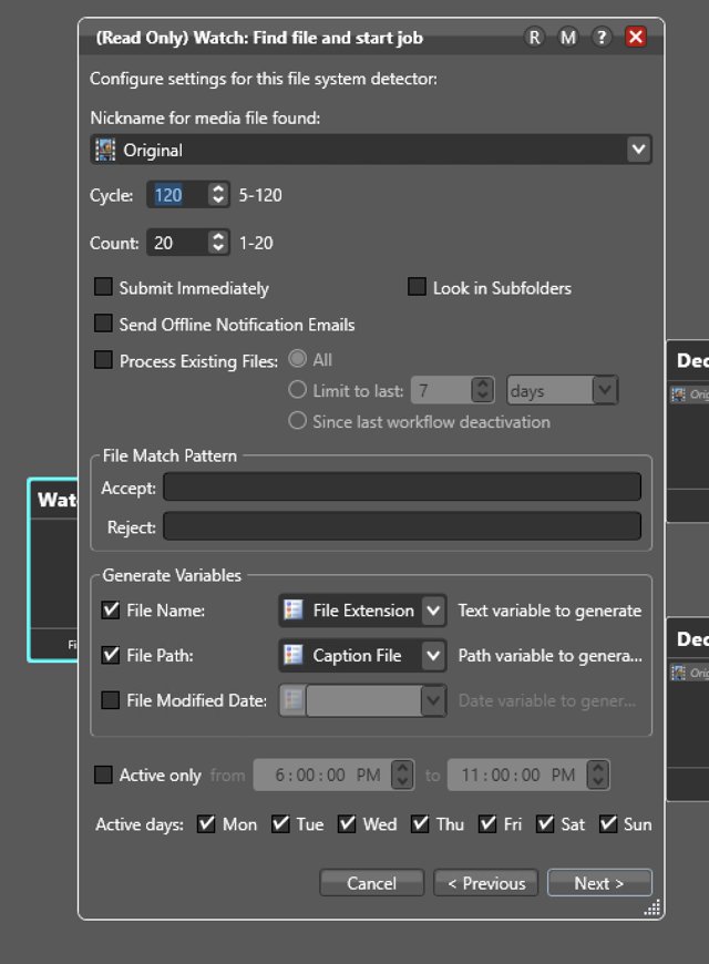Watch action's Find File and Start Job configuration dialog, shown with no step indicator for its multi-step setup.