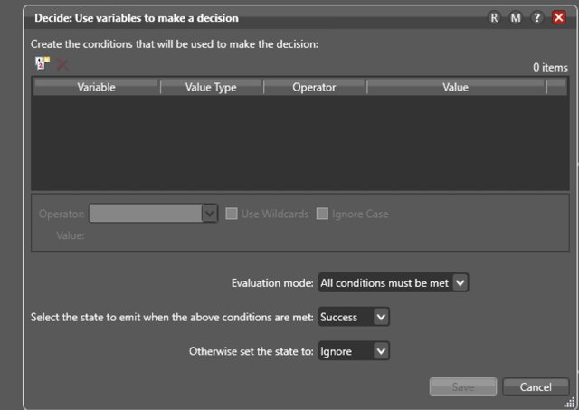 A Decision node's configuration panel with the add-variable control shown only as a small, unlabeled icon.