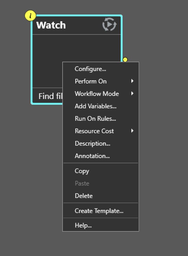 The Watch action's configuration dialog, none of its available actions surfaced anywhere in the visible UI.