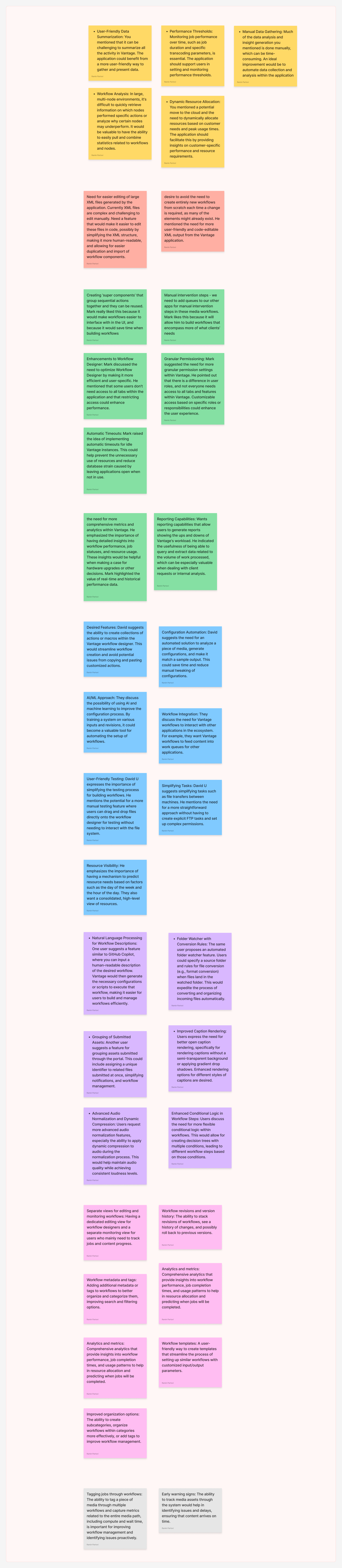 Preview of the new features sticky notes from our FigJam interview synthesis.