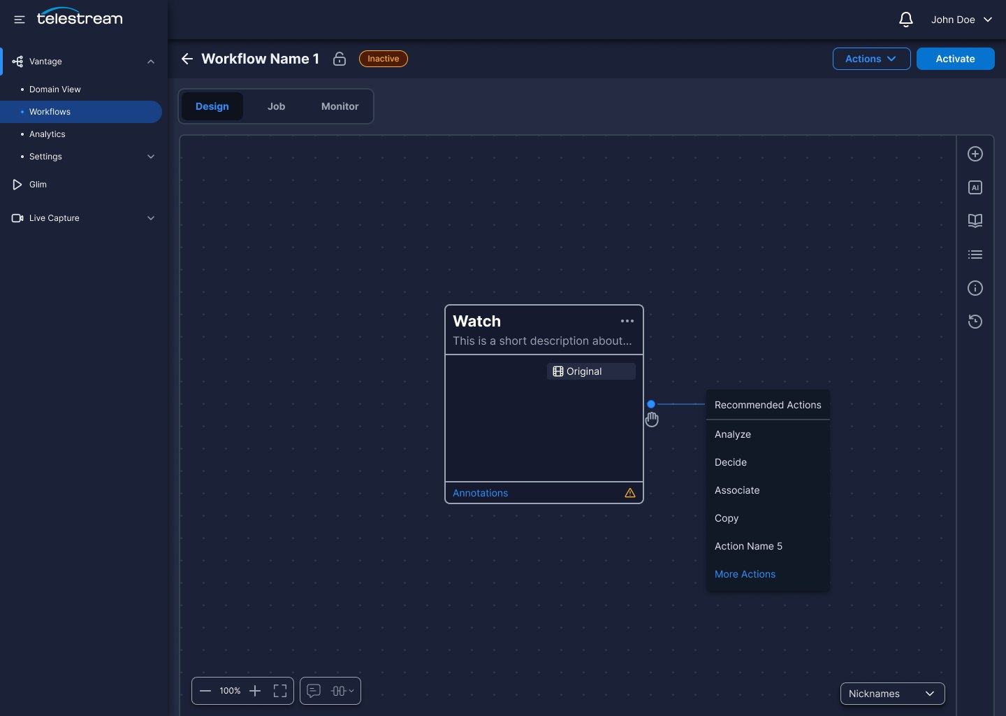 Recommended Actions menu appearing when dragging out from a Watch node, listing Analyze, Decide, Associate and Copy.