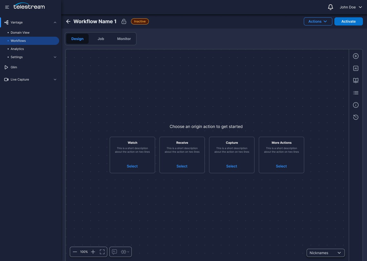 Empty design canvas prompting the user to choose an origin action: Watch, Receive, Capture or More Actions.