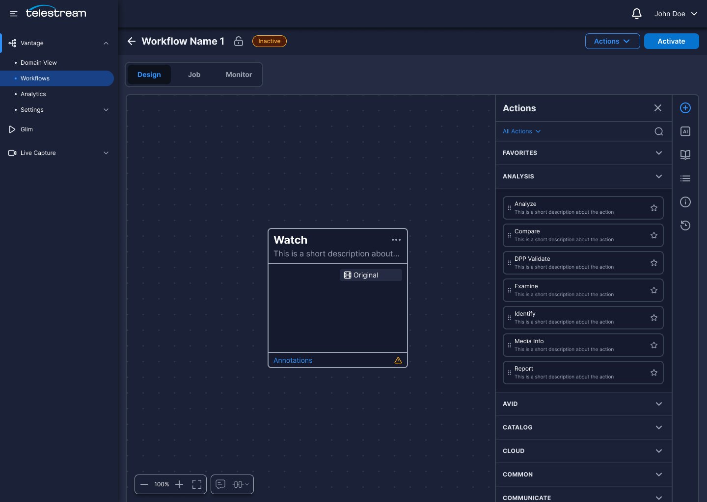 Actions panel with search, favourites and categorised actions each showing a short description.