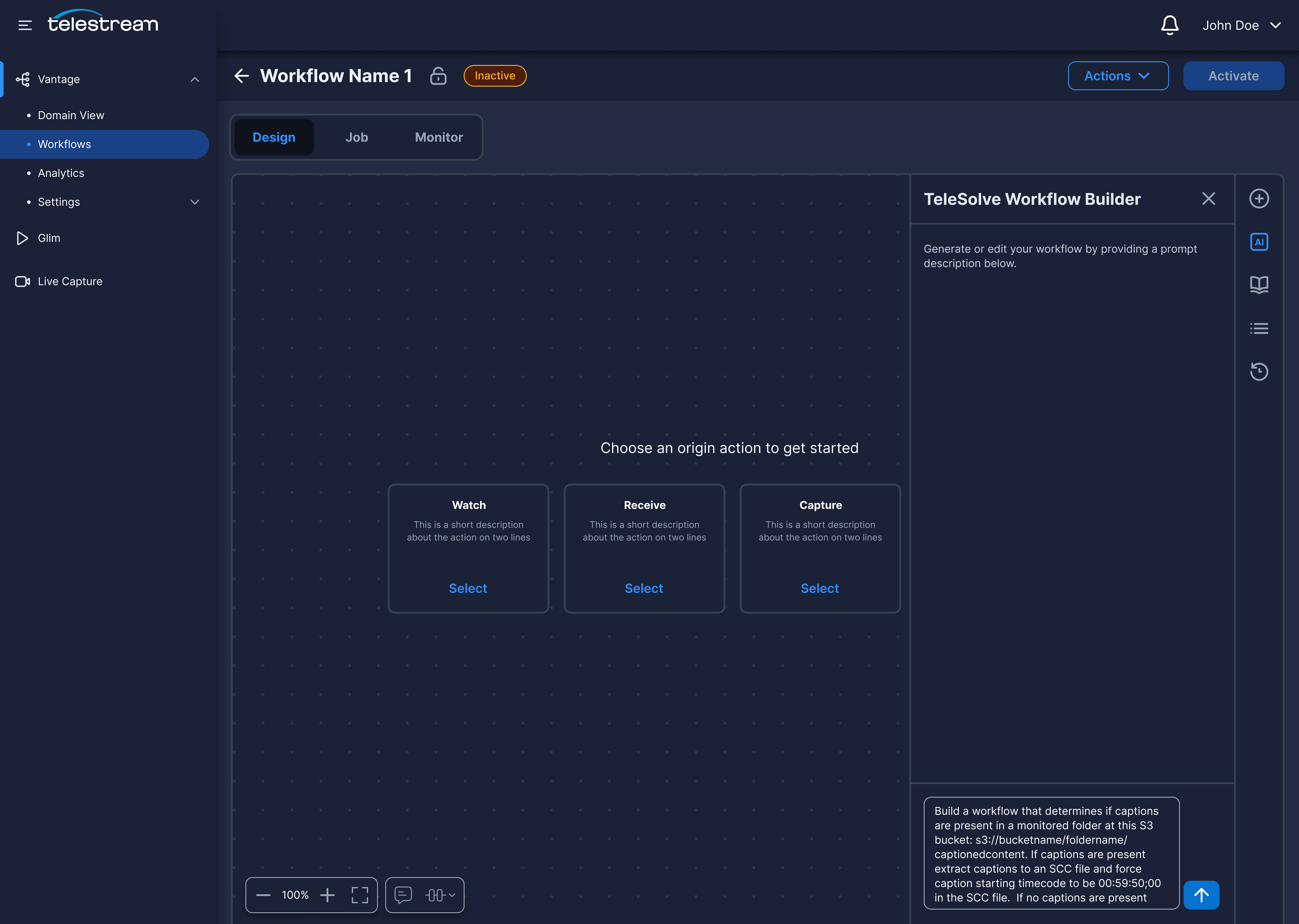 AI workflow builder panel with a prompt for describing the workflow to generate.