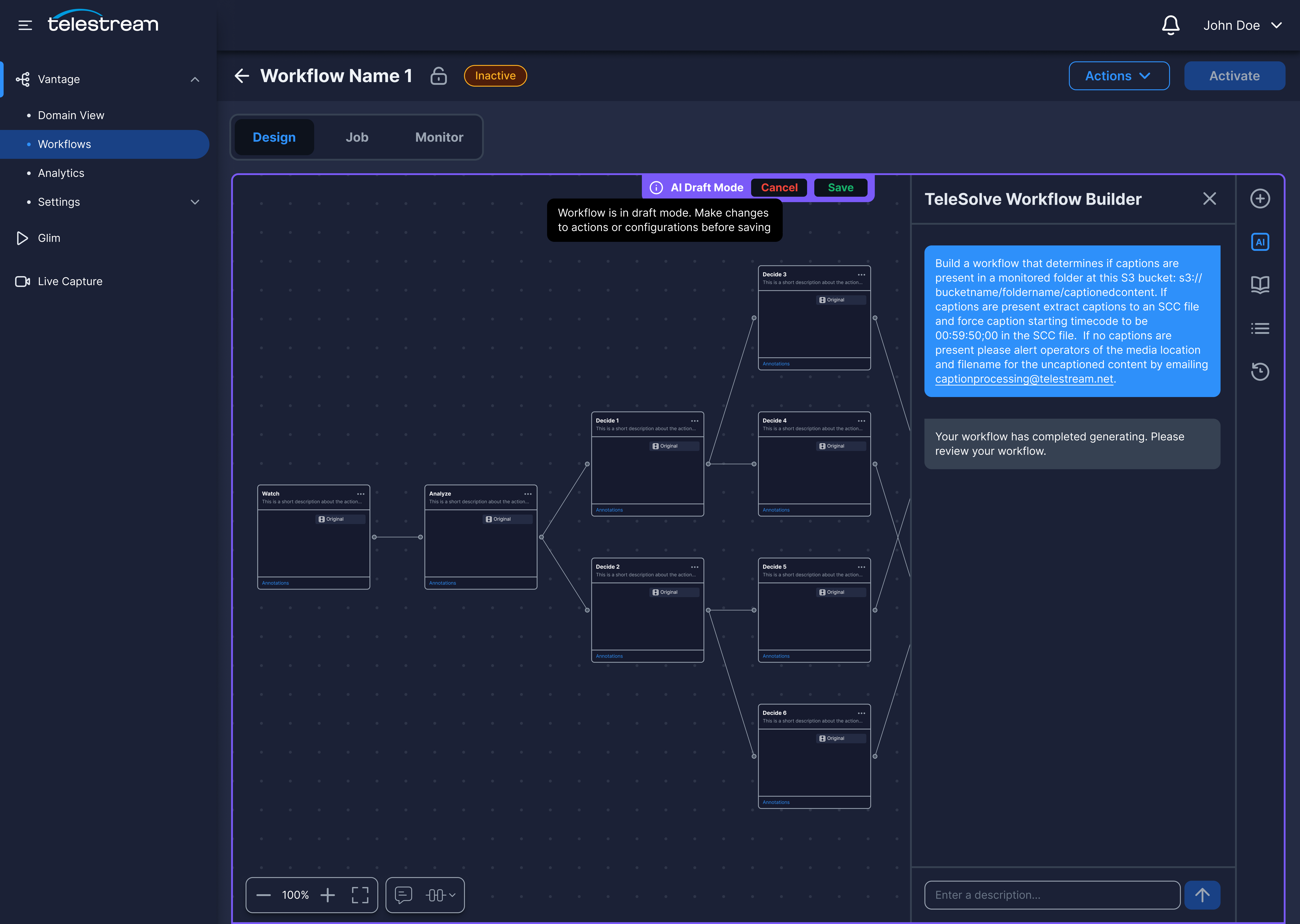 AI-generated workflow in draft mode, ready for review and editing before saving.