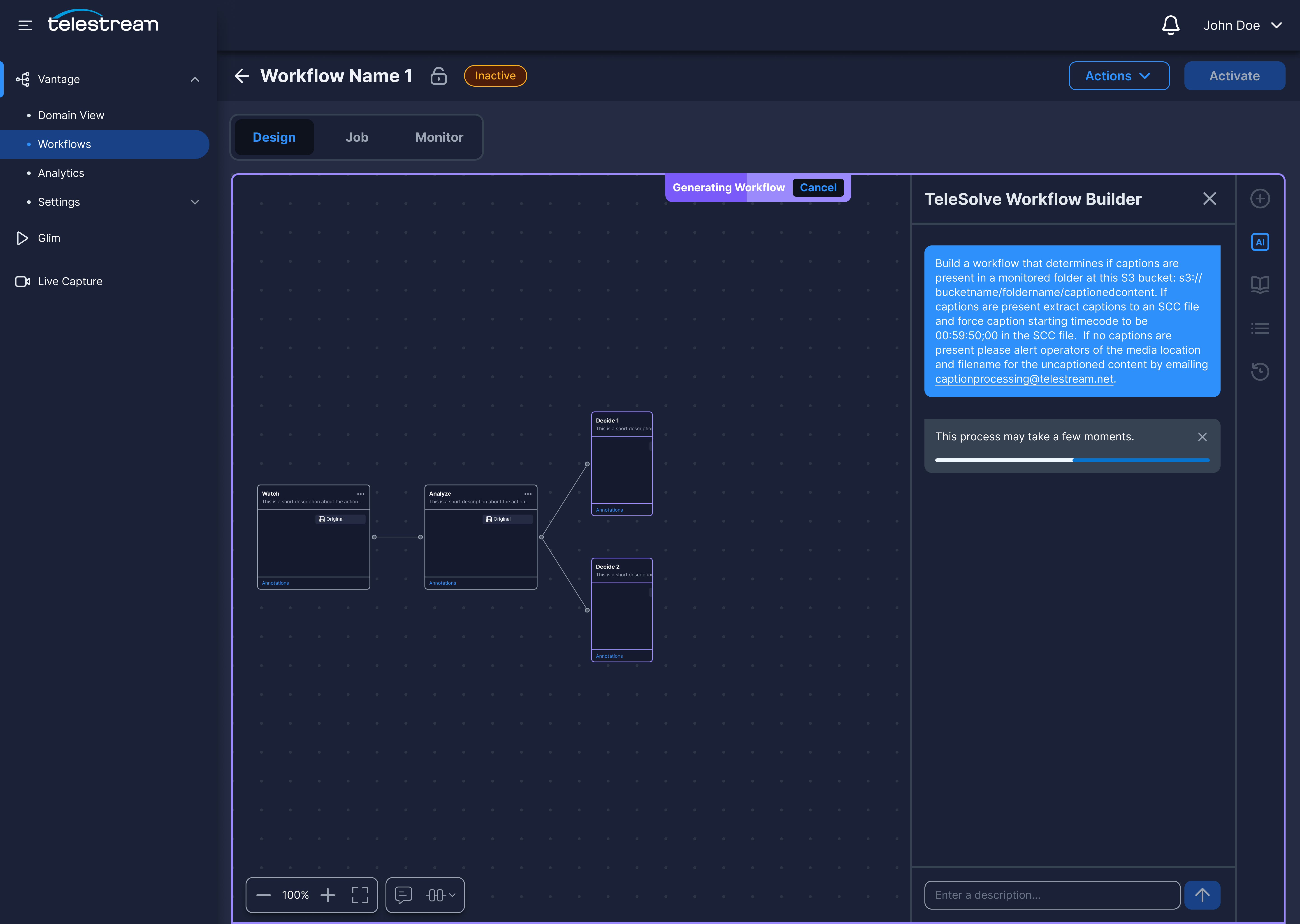AI workflow generation in progress on the workflow canvas.